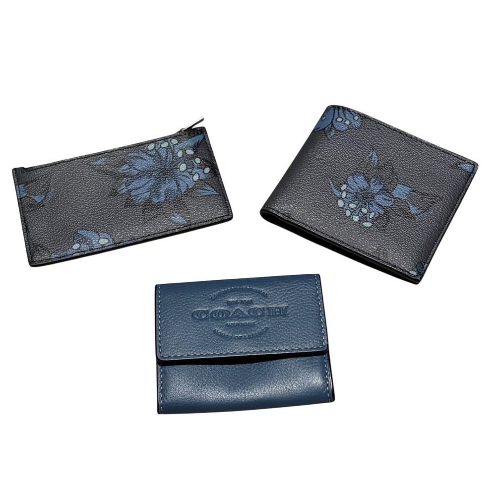 Coach Blue Floral Signature Wallet Bifold Card Case Leather Wallet 3 Pc Lot
